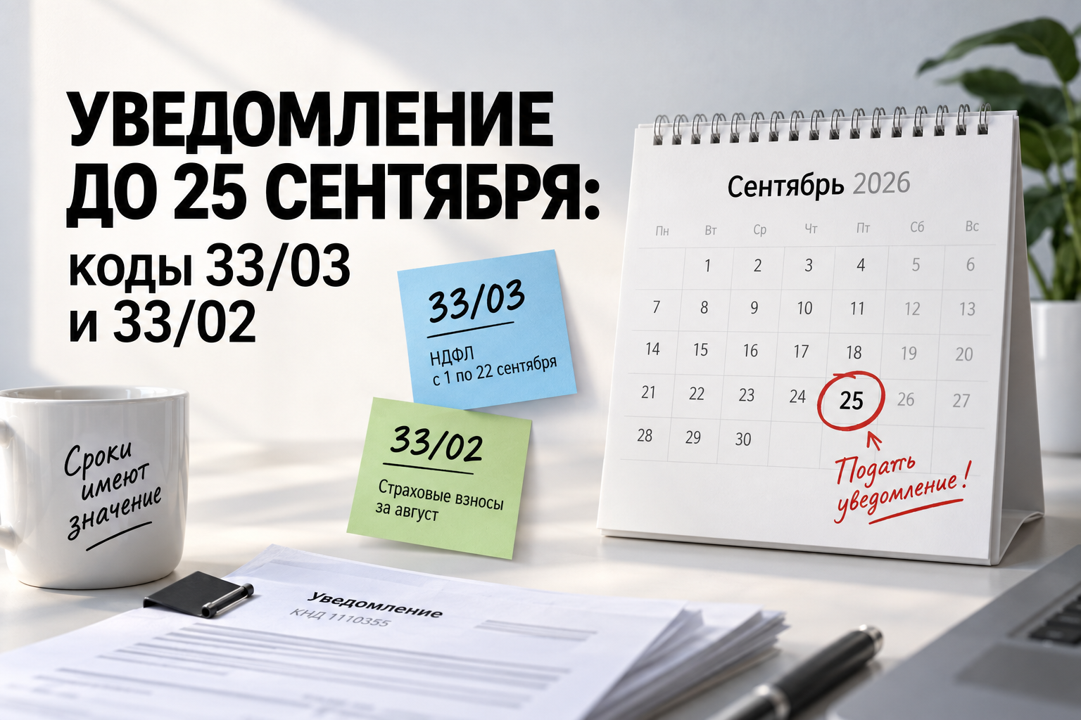 Уведомление до 25 сентября 2026 года: коды 33/03 для НДФЛ и 33/02 для страховых взносов